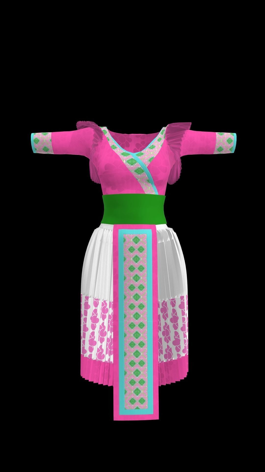 pink Hmong traditional dress for female and little girl  3D model_1