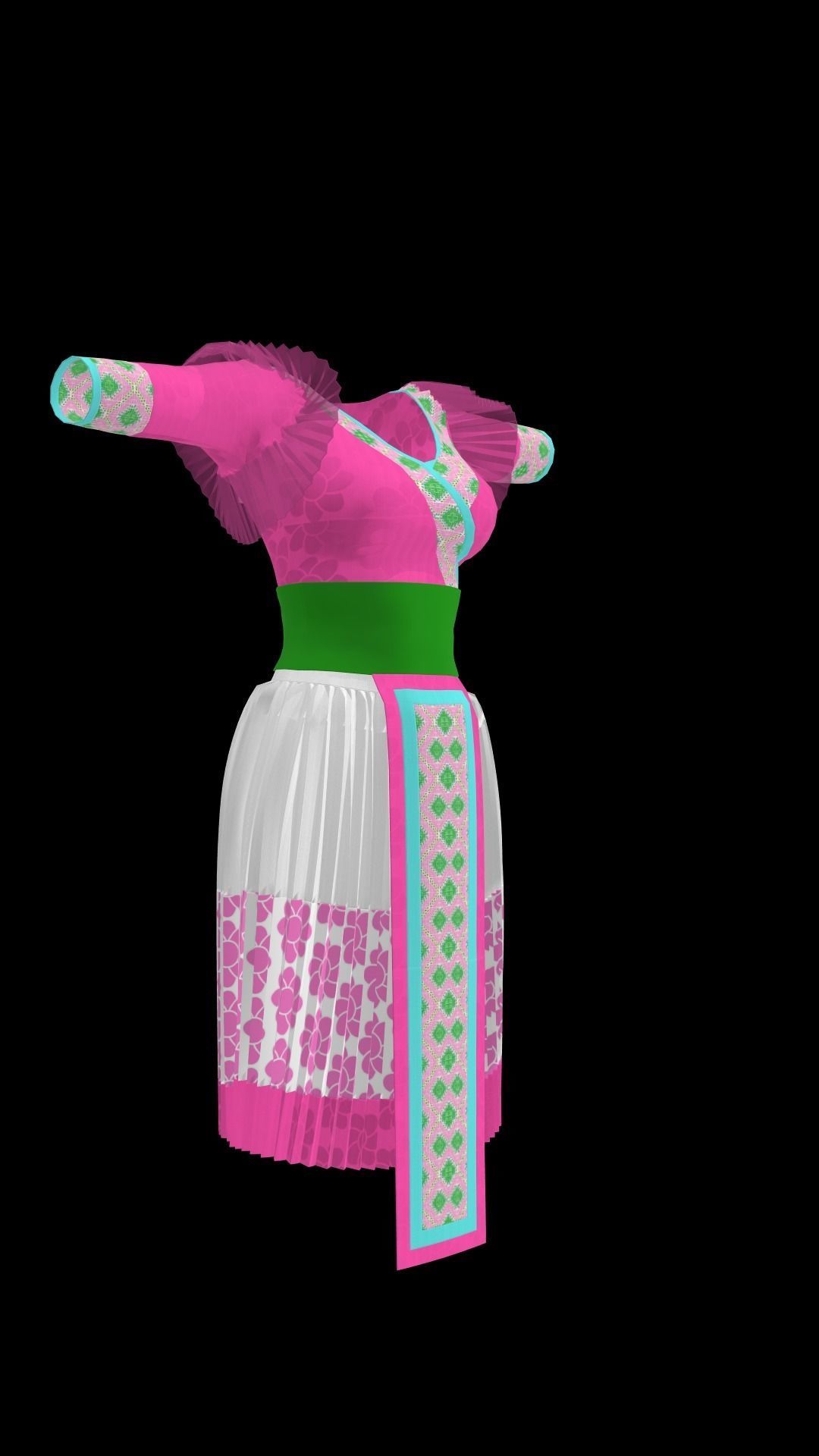pink Hmong traditional dress for female and little girl  3D model_2