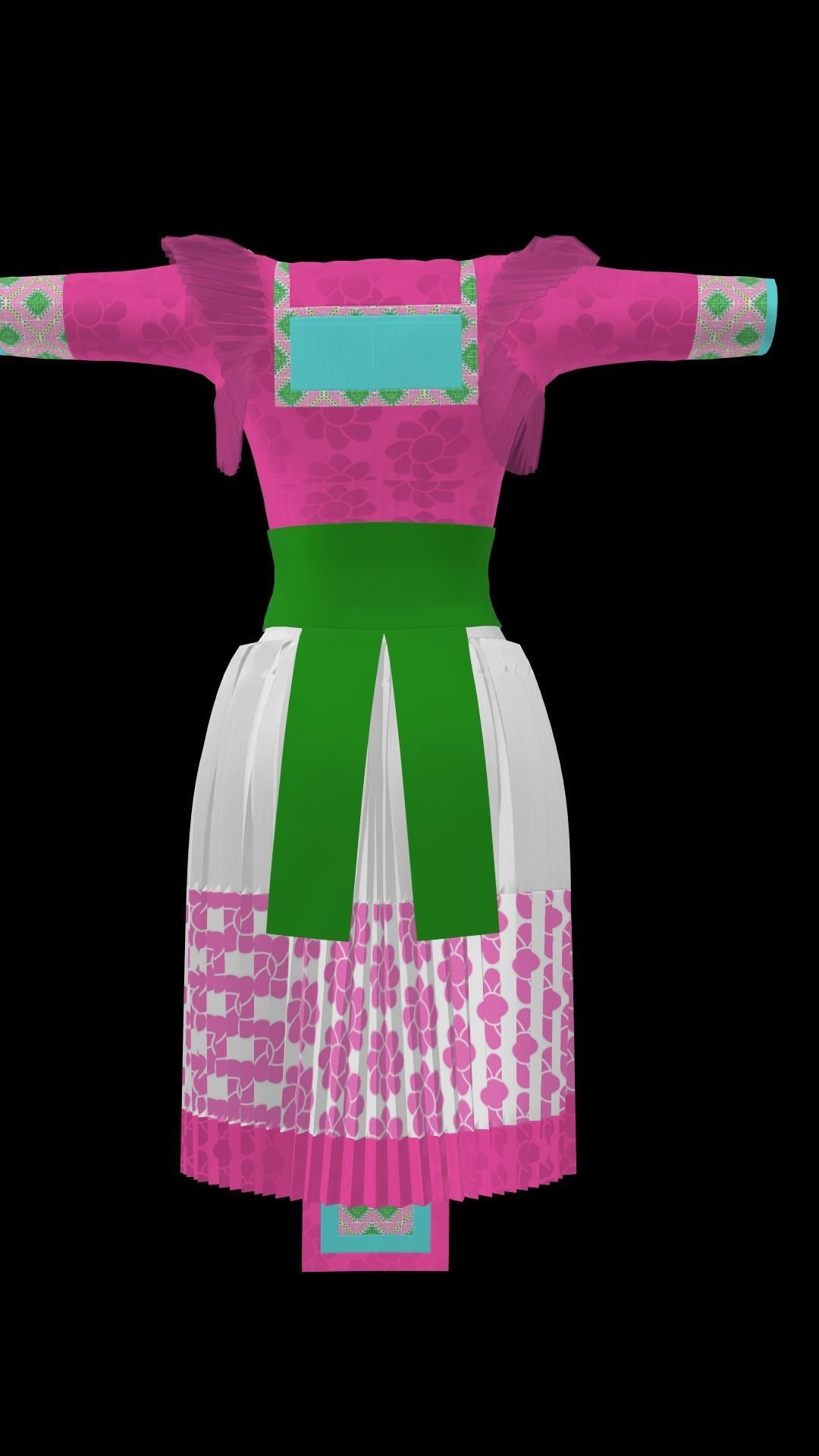 pink Hmong traditional dress for female and little girl  3D model_3