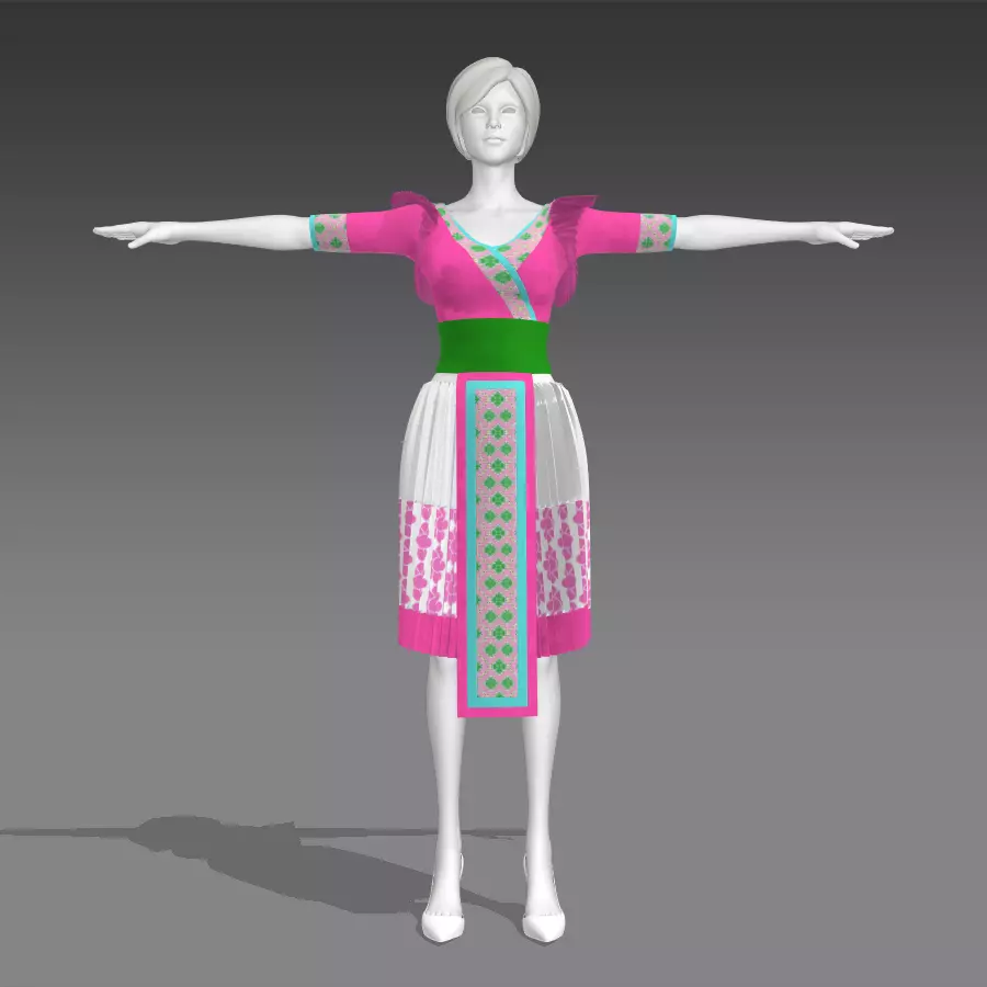 pink Hmong traditional dress for female and little girl  3D model_0