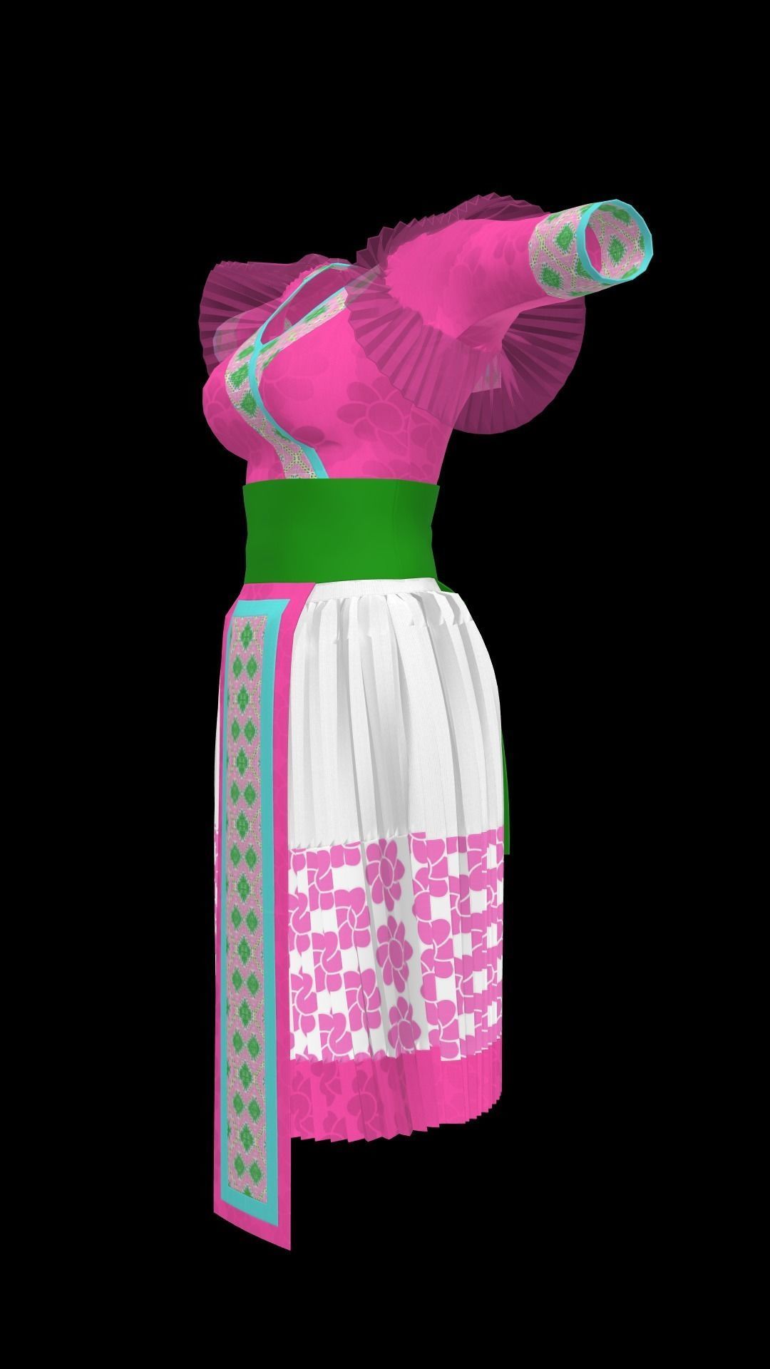 pink Hmong traditional dress for female and little girl  3D model_4
