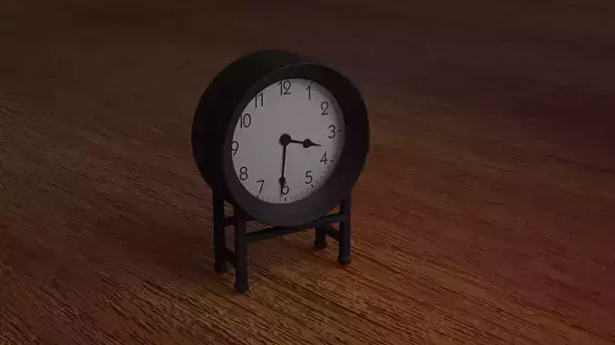 high-poly clock on wooden table