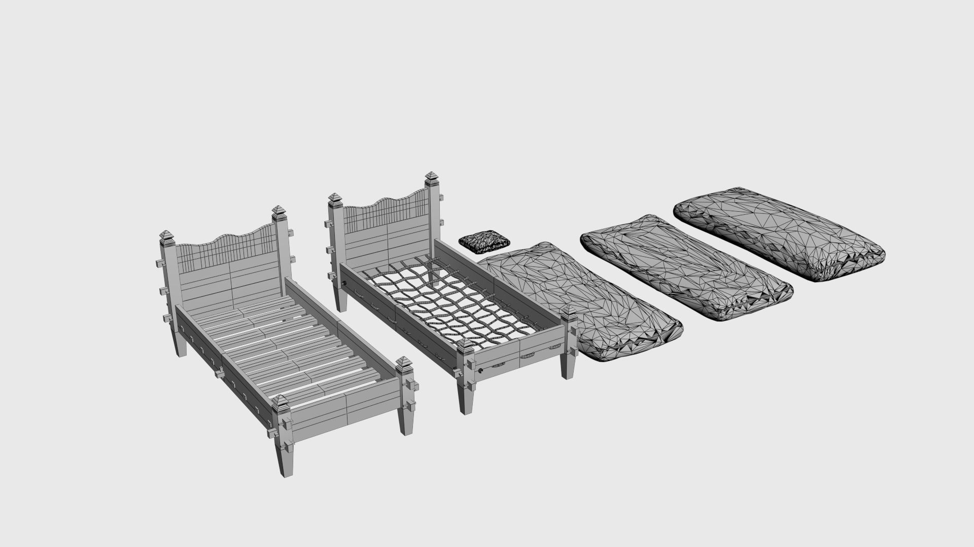 Medieval simple bed and tick mattress Low-poly 3D model_2