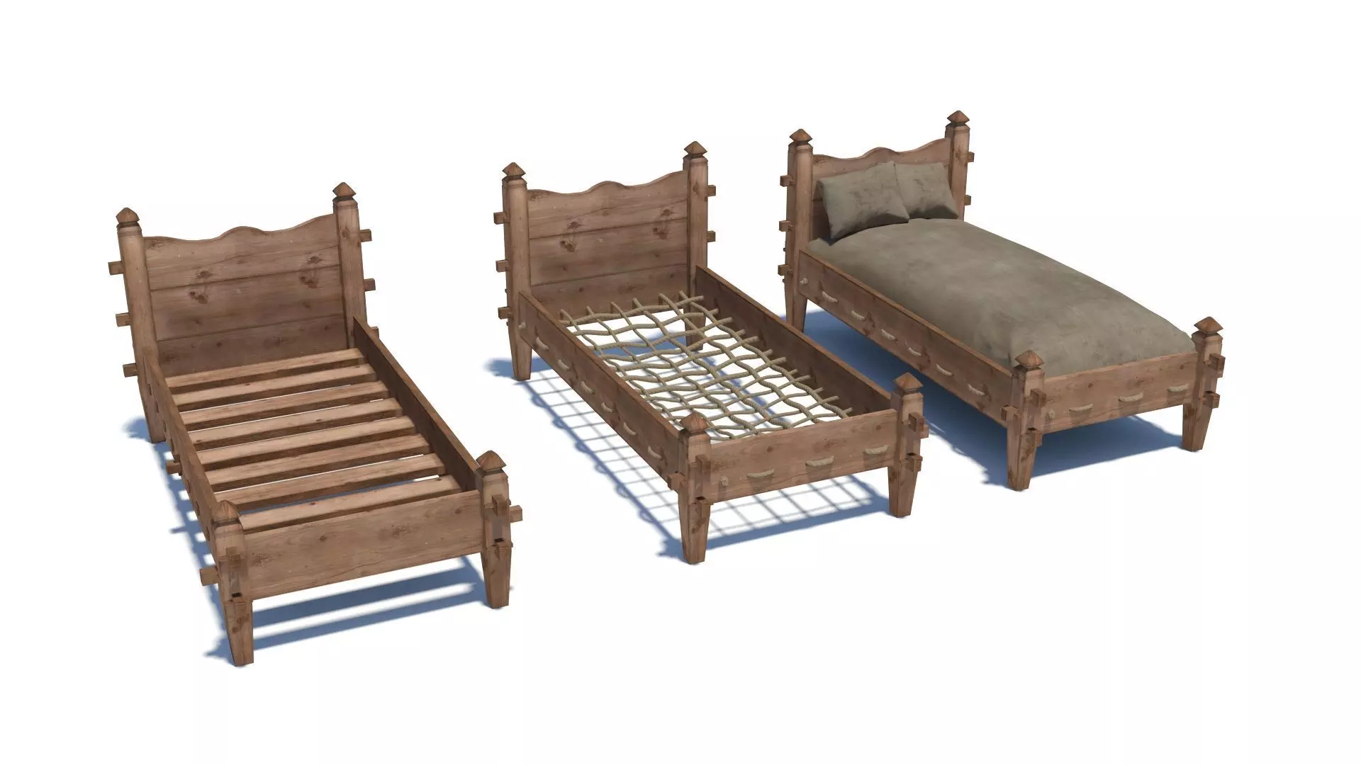 Medieval simple bed and tick mattress Low-poly 3D model_0