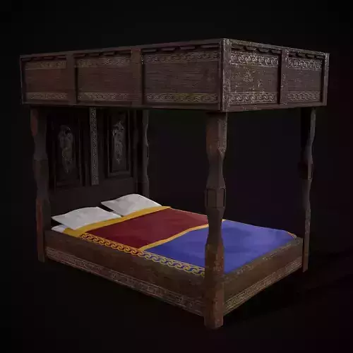 Rustic Wooden Bed with Red and Blue Blanket Low-poly 3D model