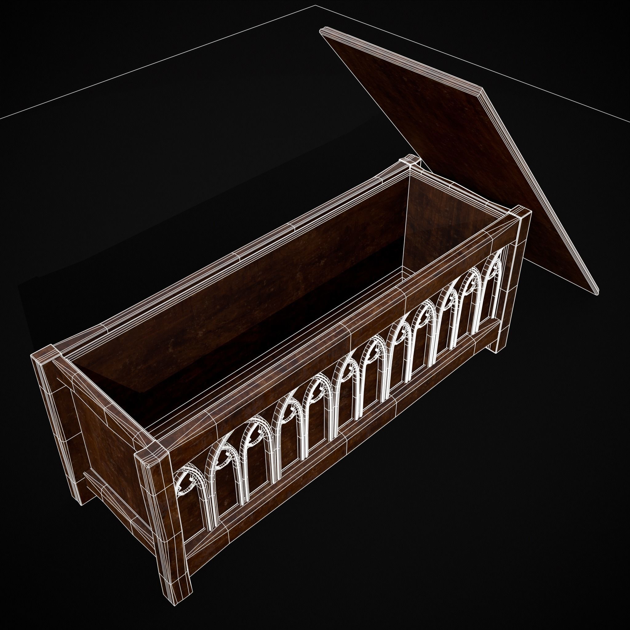 Rustic Wooden Bed End Storage Chest Low-poly 3D model_12