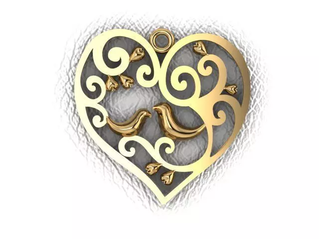 Valentine Set gold heart pendant with birds 3D print model