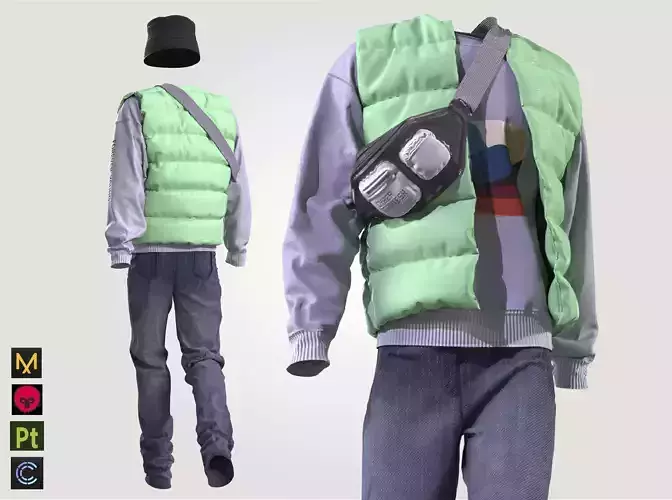 man outfit puffer hat pants bag clothes