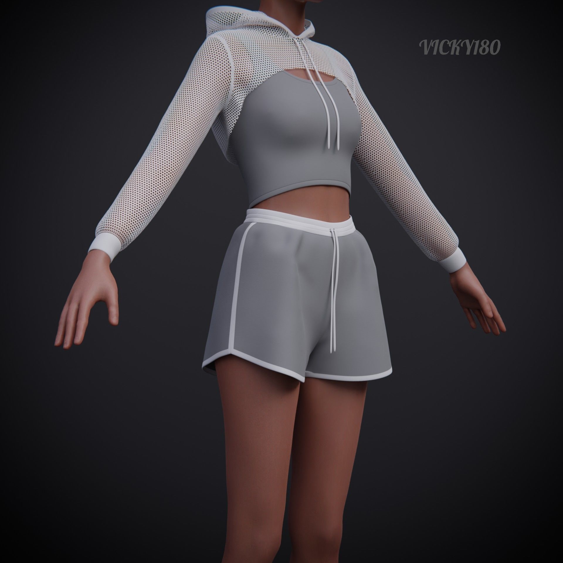 Female Fitness Shorts Tank top And Net crop Hoodie 2piece Outfit Low-poly 3D model_4