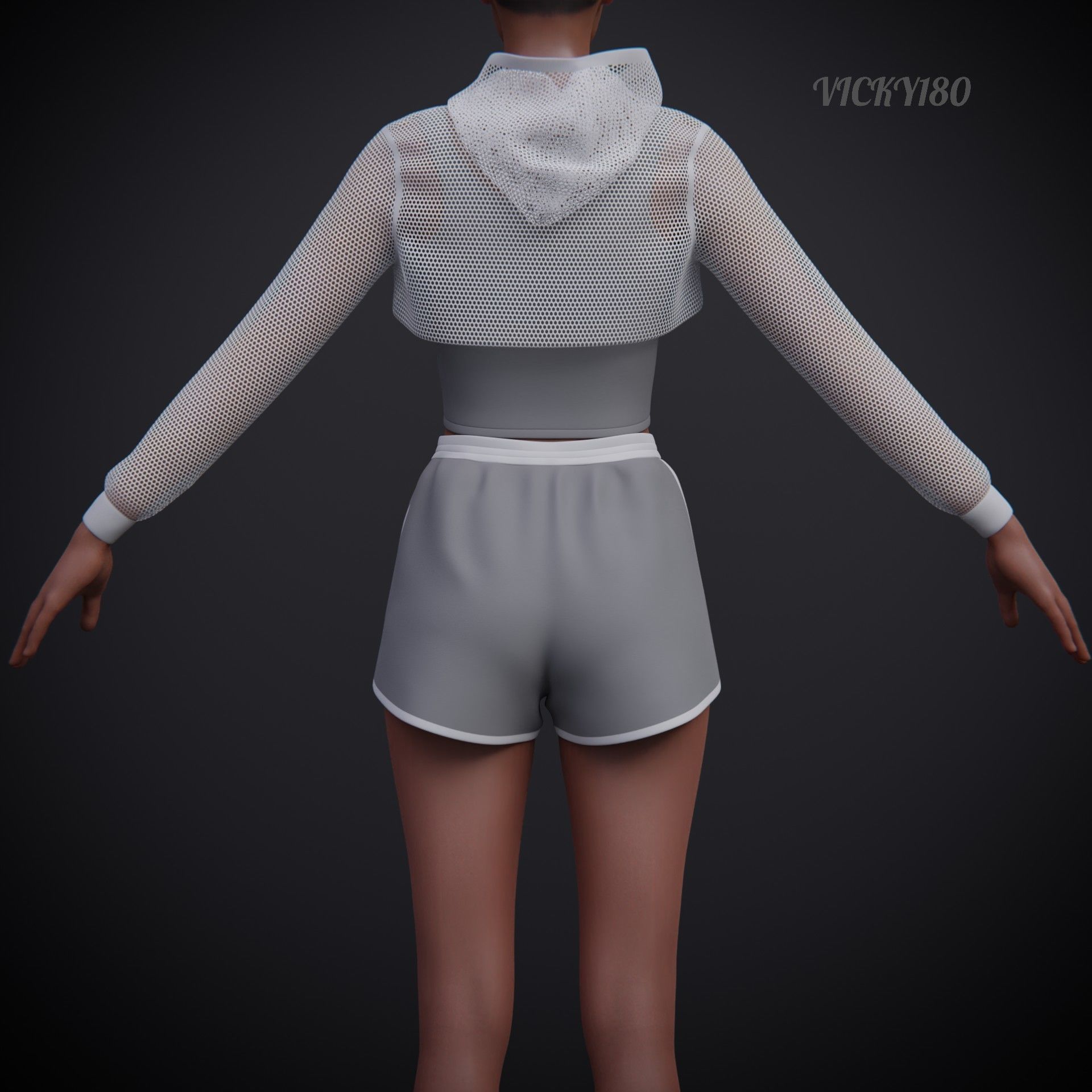 Female Fitness Shorts Tank top And Net crop Hoodie 2piece Outfit Low-poly 3D model_6