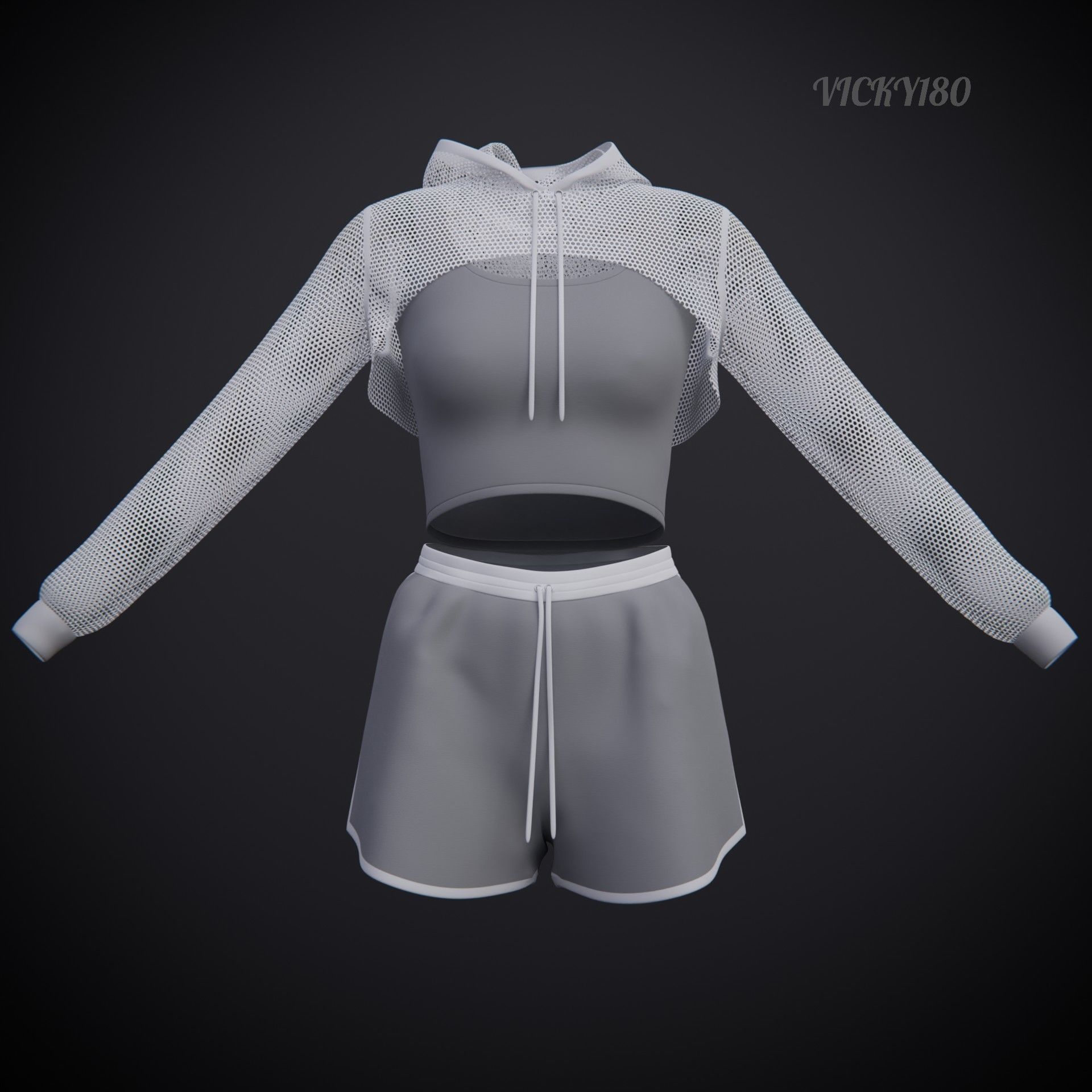 Female Fitness Shorts Tank top And Net crop Hoodie 2piece Outfit Low-poly 3D model_20