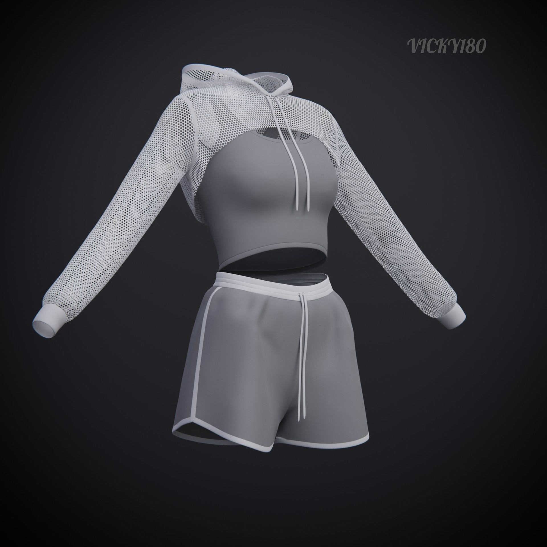 Female Fitness Shorts Tank top And Net crop Hoodie 2piece Outfit Low-poly 3D model_21