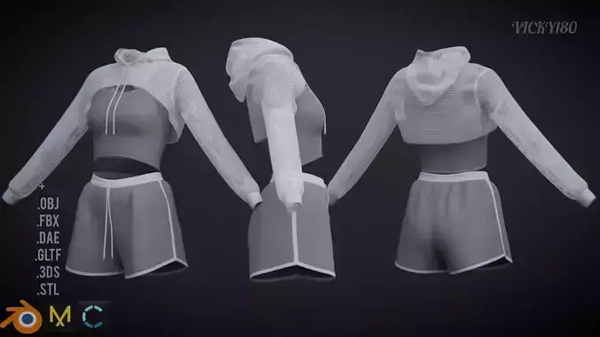 Female Fitness Shorts Tank top And Net crop Hoodie 2piece Outfit Low-poly 3D model Female Fitness Shorts Tank top And Net crop Hoodie 2piece Outfit Low-poly 3D model