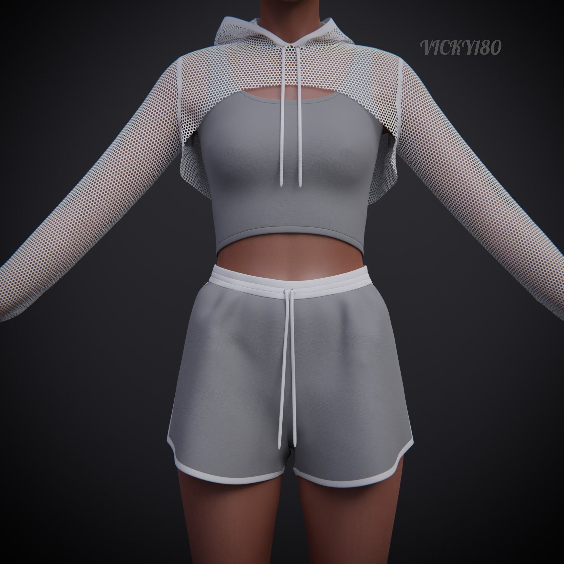 Female Fitness Shorts Tank top And Net crop Hoodie 2piece Outfit Low-poly 3D model_8