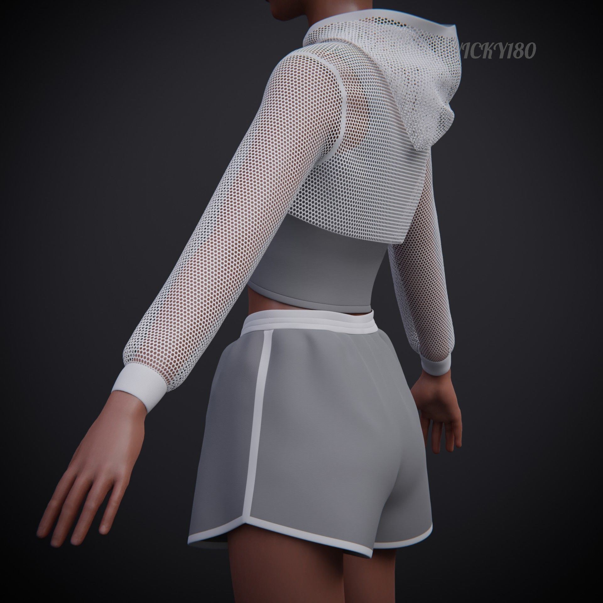 Female Fitness Shorts Tank top And Net crop Hoodie 2piece Outfit Low-poly 3D model_12