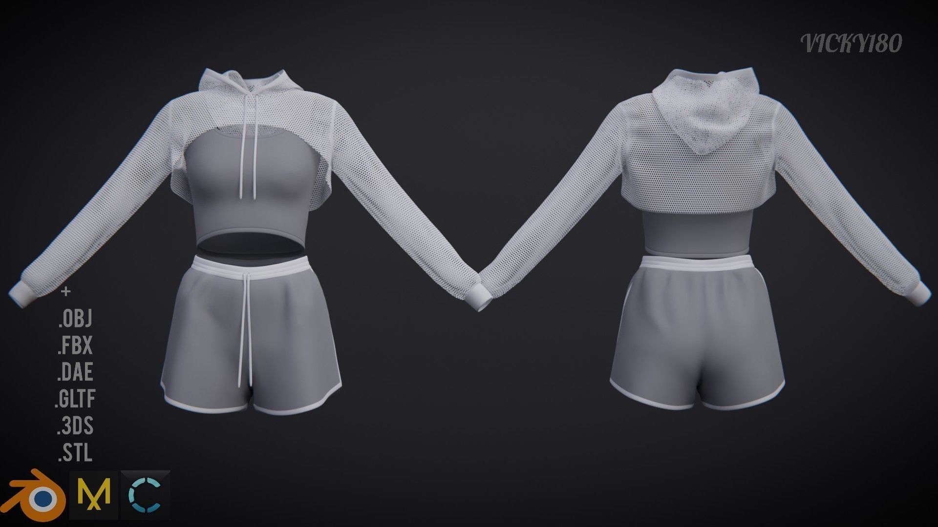 Female Fitness Shorts Tank top And Net crop Hoodie 2piece Outfit Low-poly 3D model_31