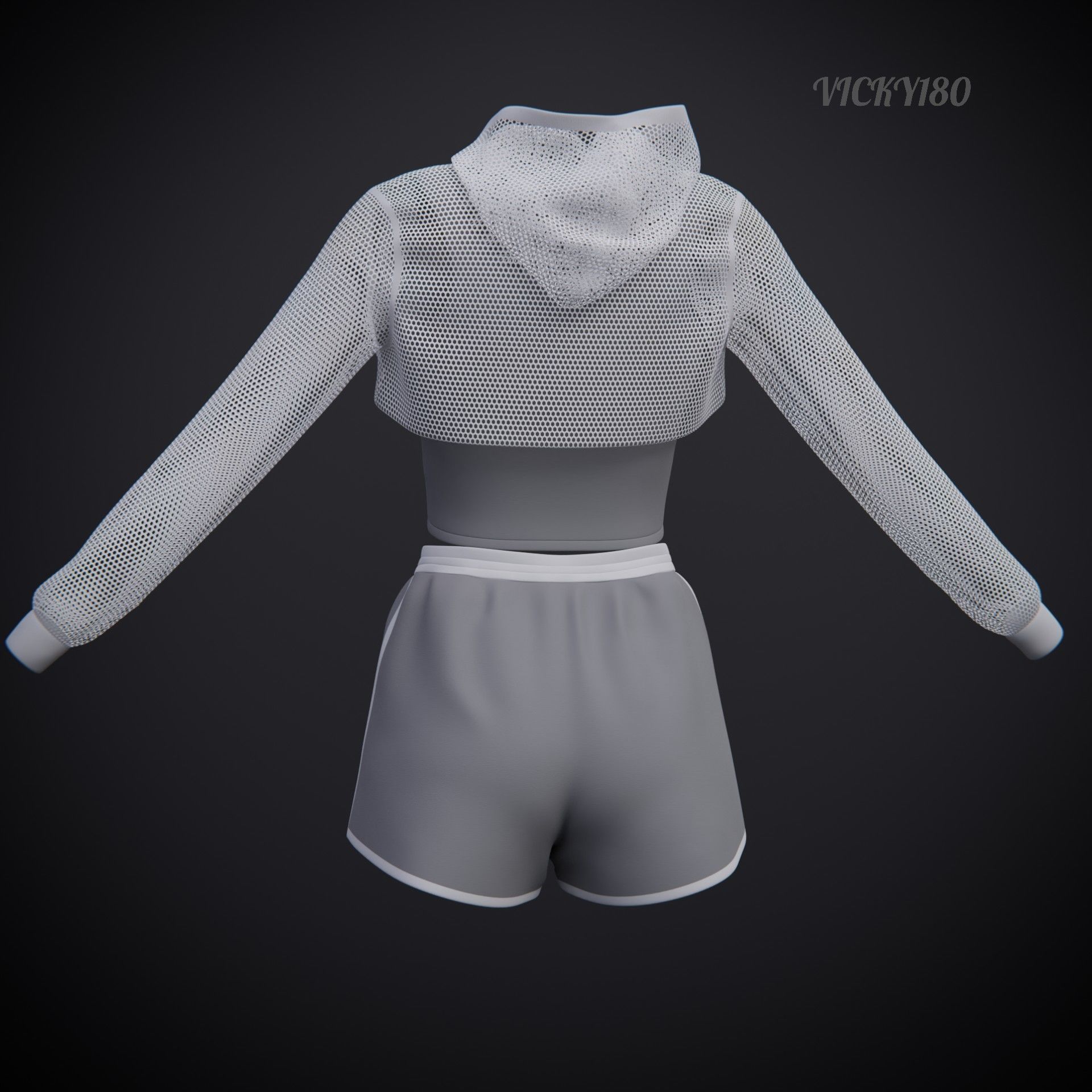 Female Fitness Shorts Tank top And Net crop Hoodie 2piece Outfit Low-poly 3D model_25