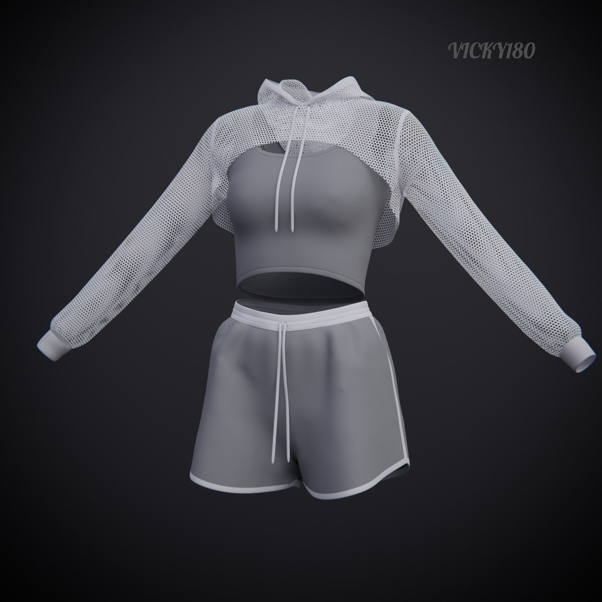 Female Fitness Shorts Tank top And Net crop Hoodie 2piece Outfit Low-poly 3D model_29