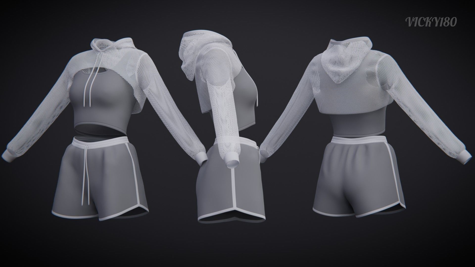 Female Fitness Shorts Tank top And Net crop Hoodie 2piece Outfit Low-poly 3D model_30