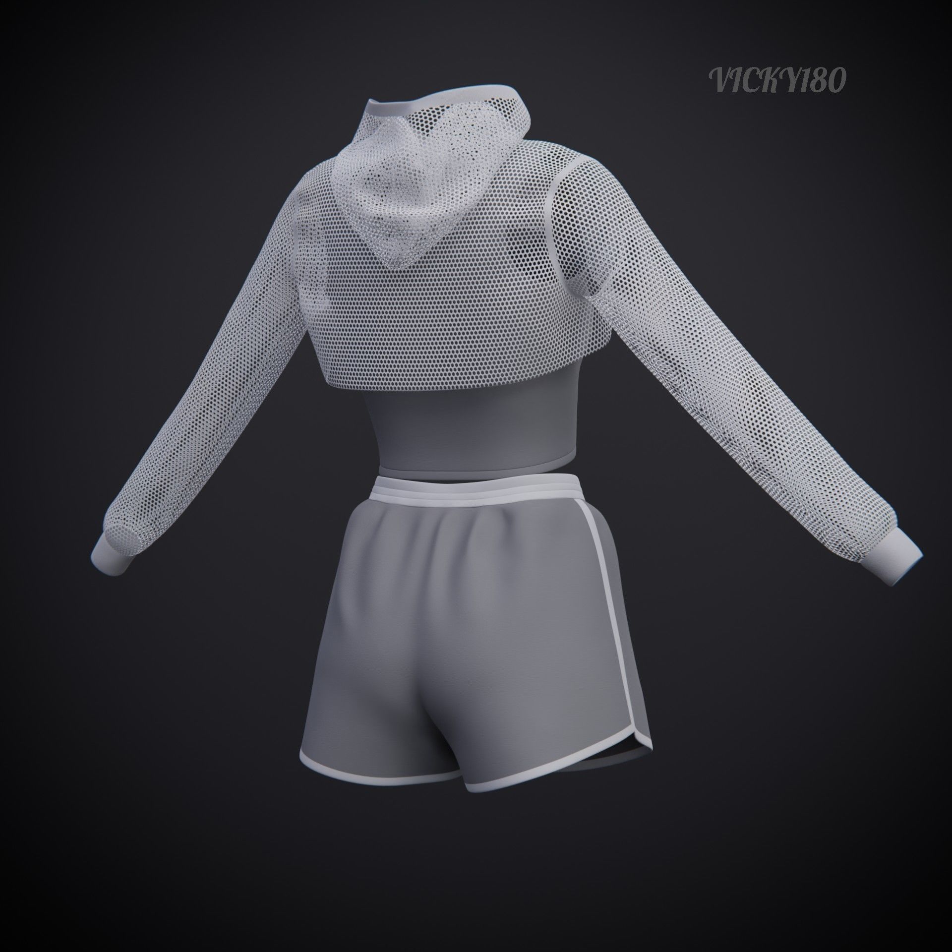 Female Fitness Shorts Tank top And Net crop Hoodie 2piece Outfit Low-poly 3D model_24