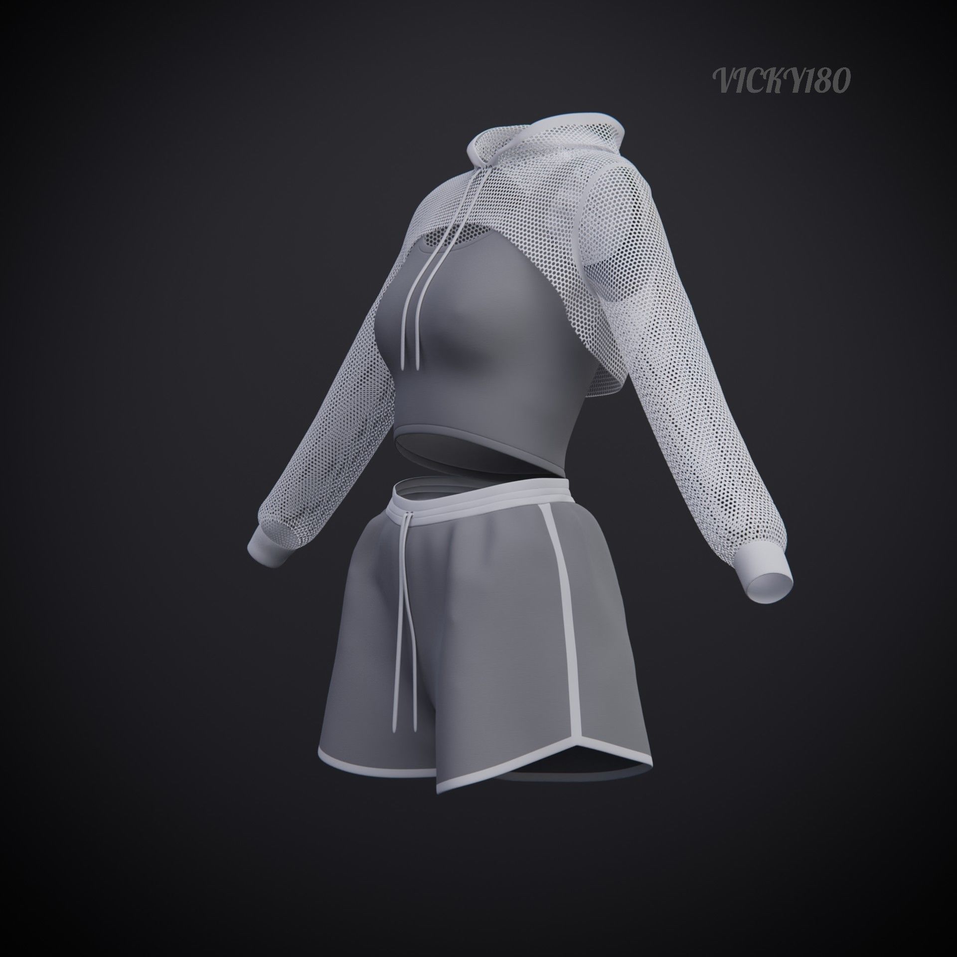 Female Fitness Shorts Tank top And Net crop Hoodie 2piece Outfit Low-poly 3D model_28