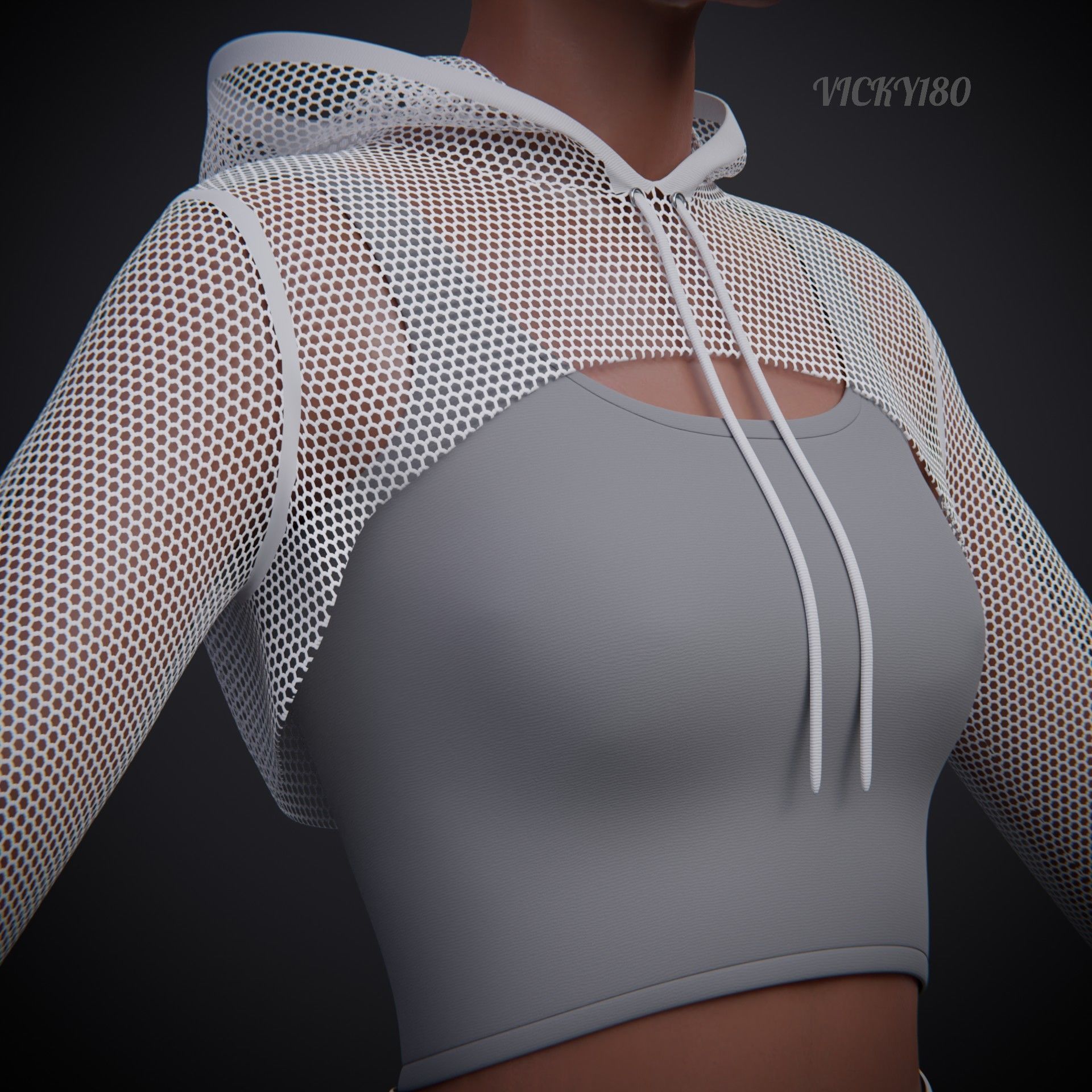 Female Fitness Shorts Tank top And Net crop Hoodie 2piece Outfit Low-poly 3D model_11