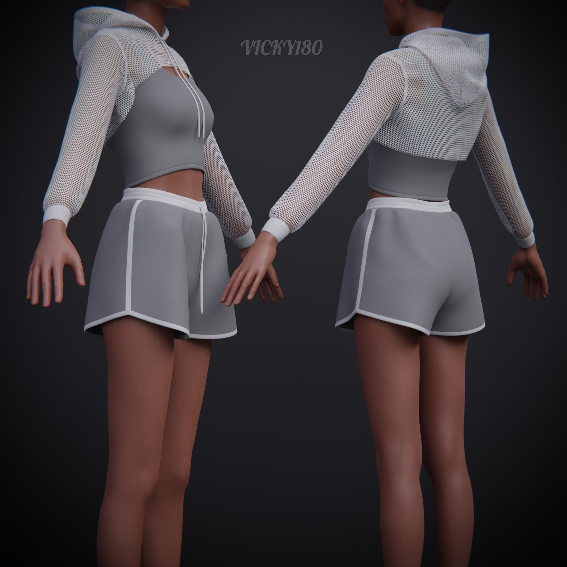 Female Fitness Shorts Tank top And Net crop Hoodie 2piece Outfit Low-poly 3D model_19