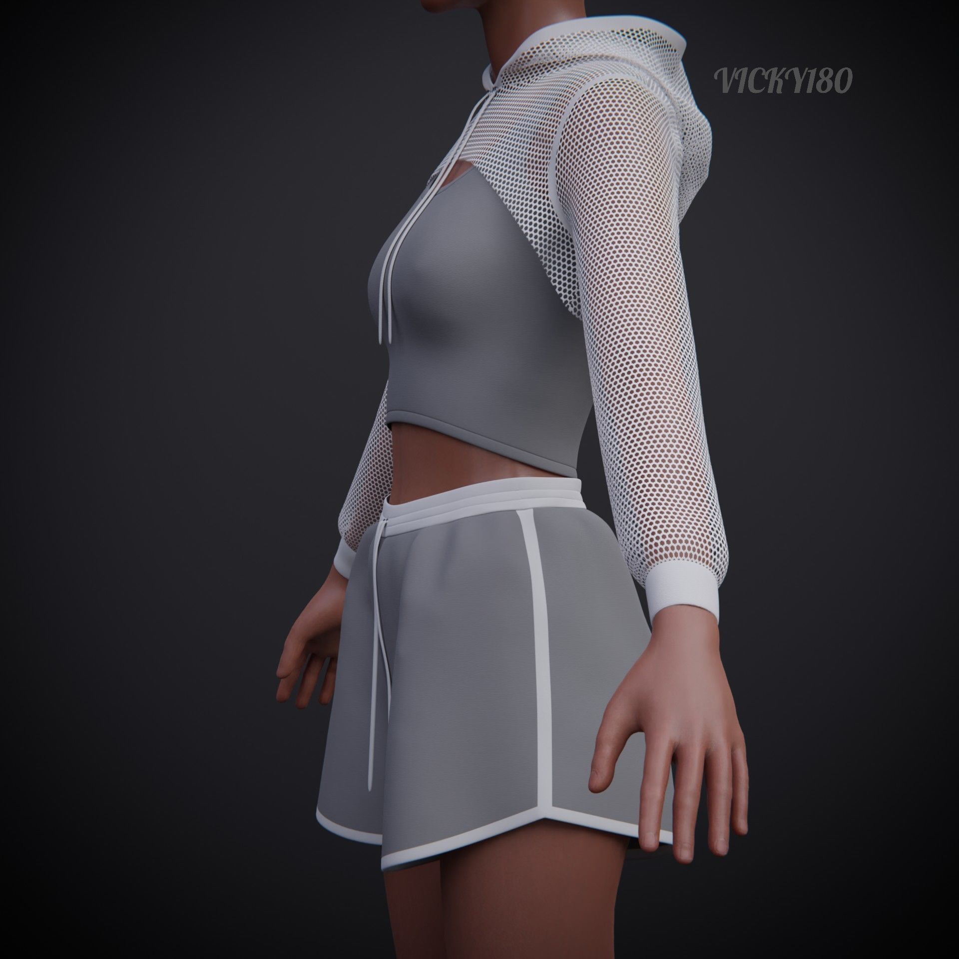 Female Fitness Shorts Tank top And Net crop Hoodie 2piece Outfit Low-poly 3D model_13