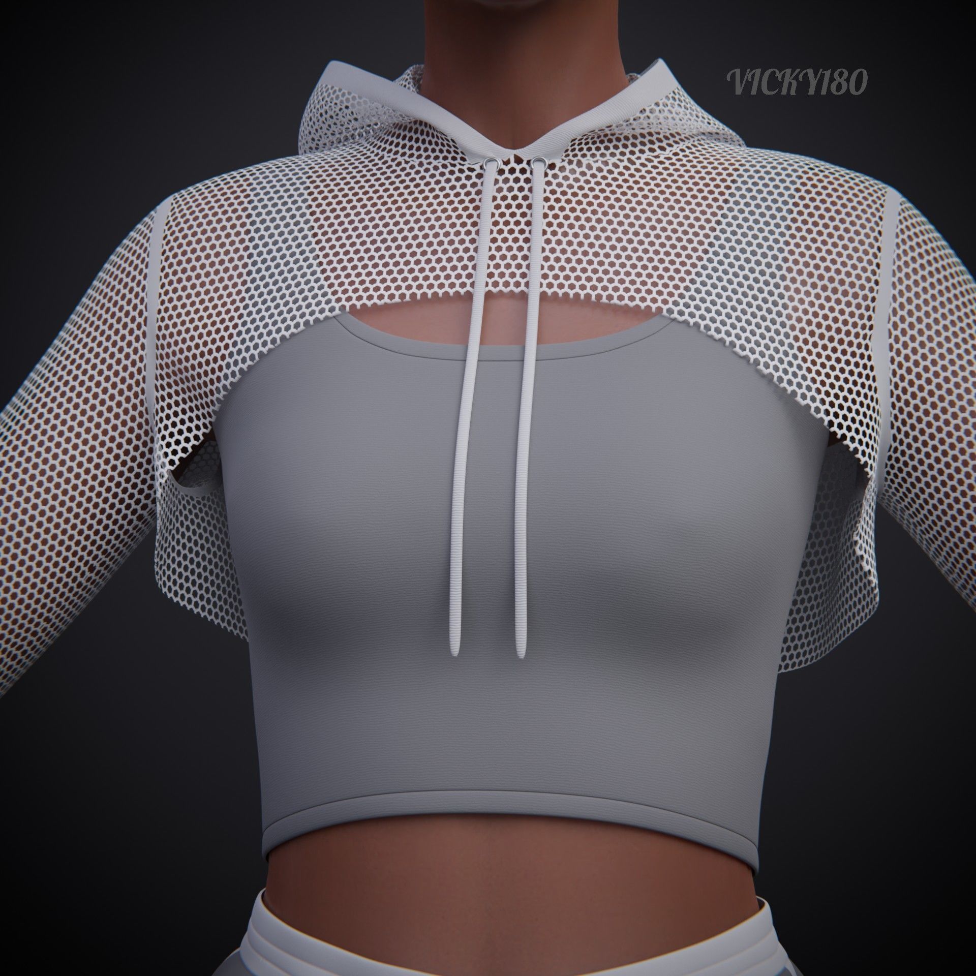 Female Fitness Shorts Tank top And Net crop Hoodie 2piece Outfit Low-poly 3D model_9