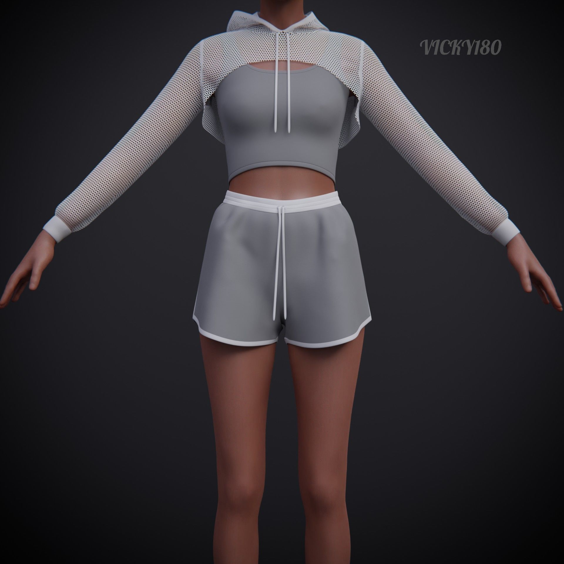 Female Fitness Shorts Tank top And Net crop Hoodie 2piece Outfit Low-poly 3D model_3
