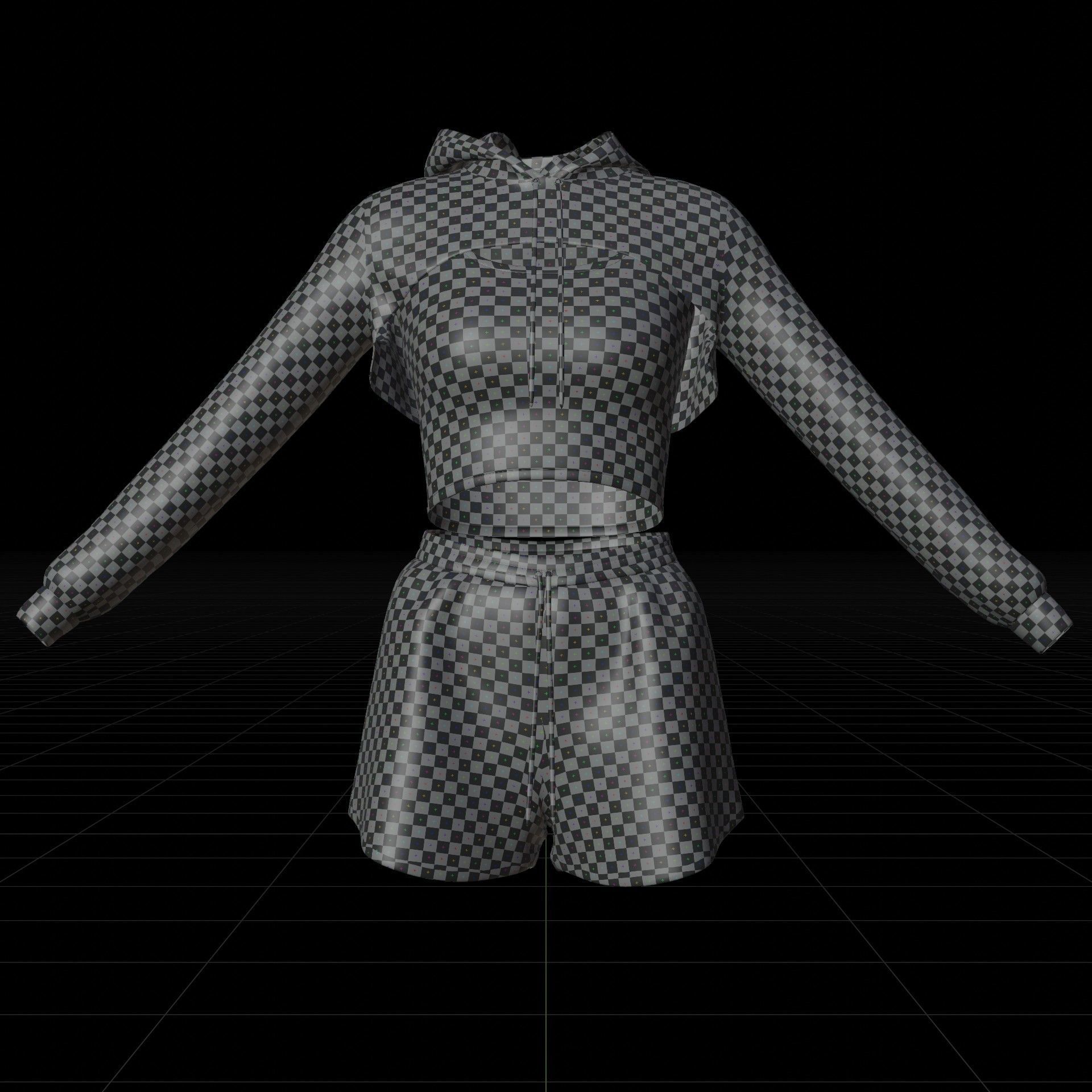 Female Fitness Shorts Tank top And Net crop Hoodie 2piece Outfit Low-poly 3D model_15