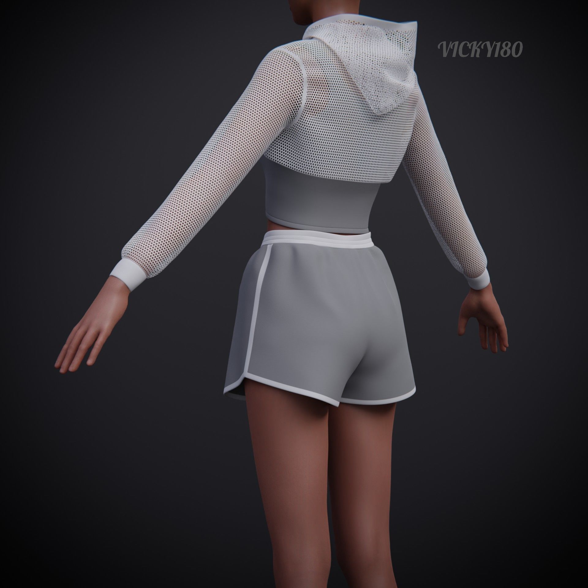 Female Fitness Shorts Tank top And Net crop Hoodie 2piece Outfit Low-poly 3D model_7