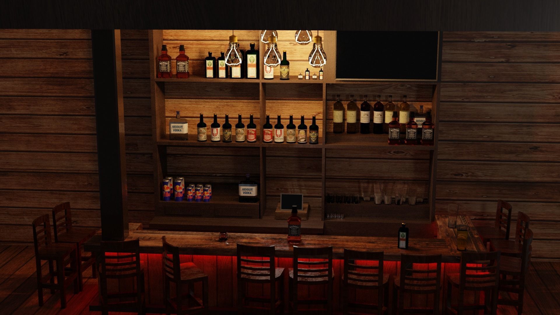 Bar counter with various drinks and red lighting Low-poly Low-poly 3D model_11