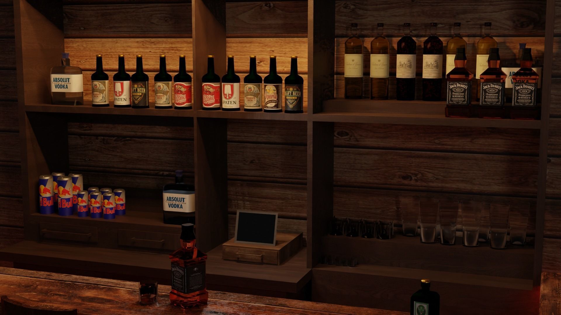 Bar counter with various drinks and red lighting Low-poly Low-poly 3D model_3