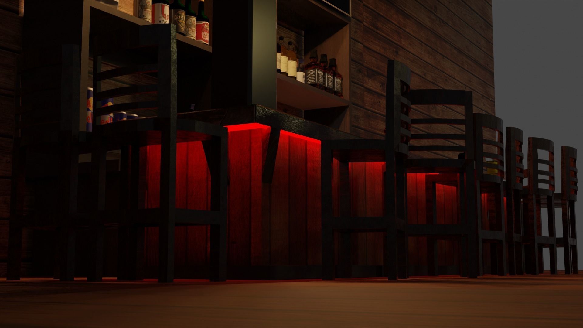 Bar counter with various drinks and red lighting Low-poly Low-poly 3D model_4