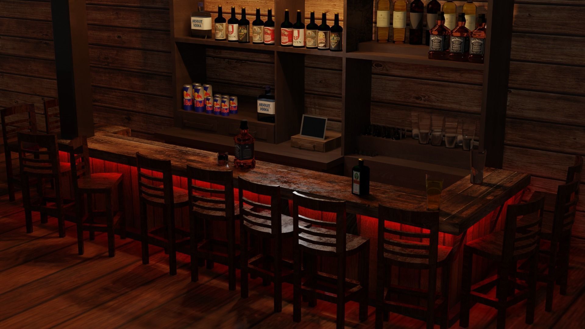 Bar counter with various drinks and red lighting Low-poly Low-poly 3D model_1