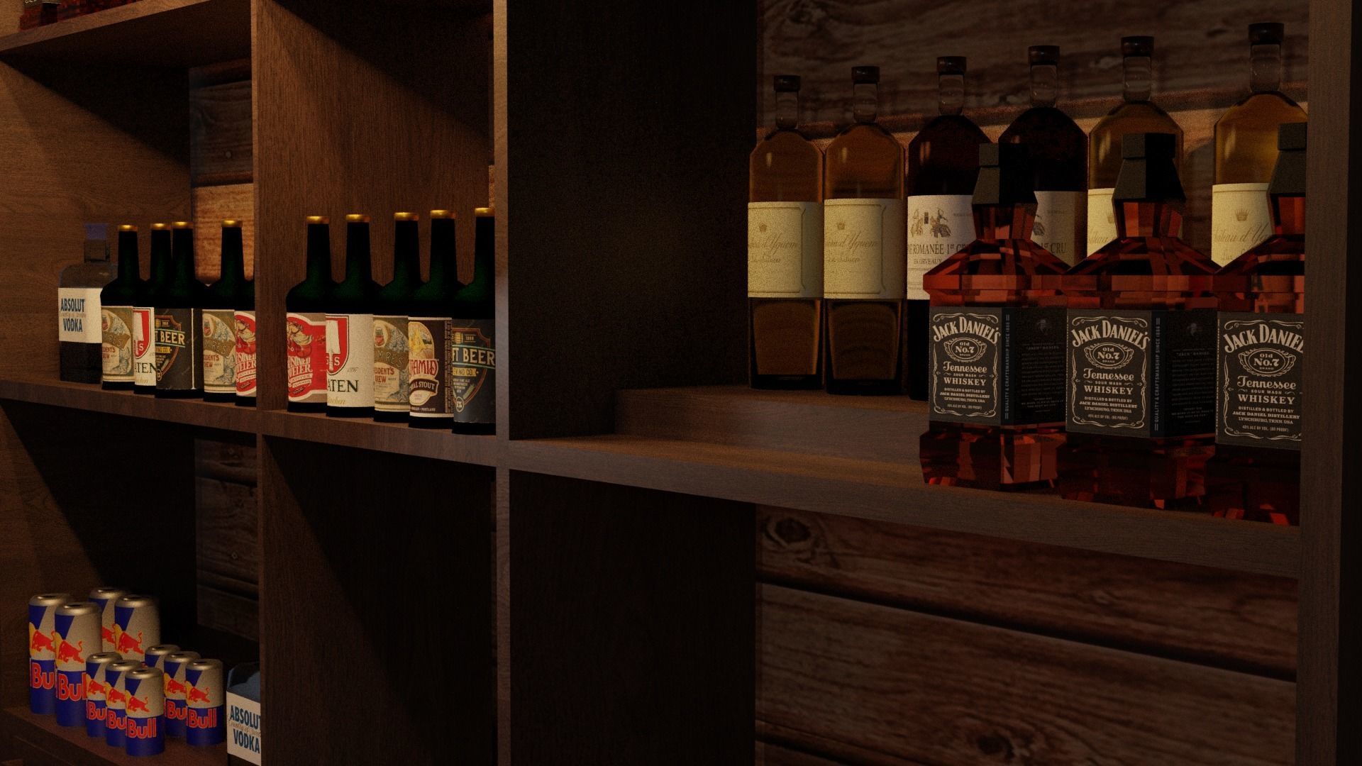 Bar counter with various drinks and red lighting Low-poly Low-poly 3D model_9