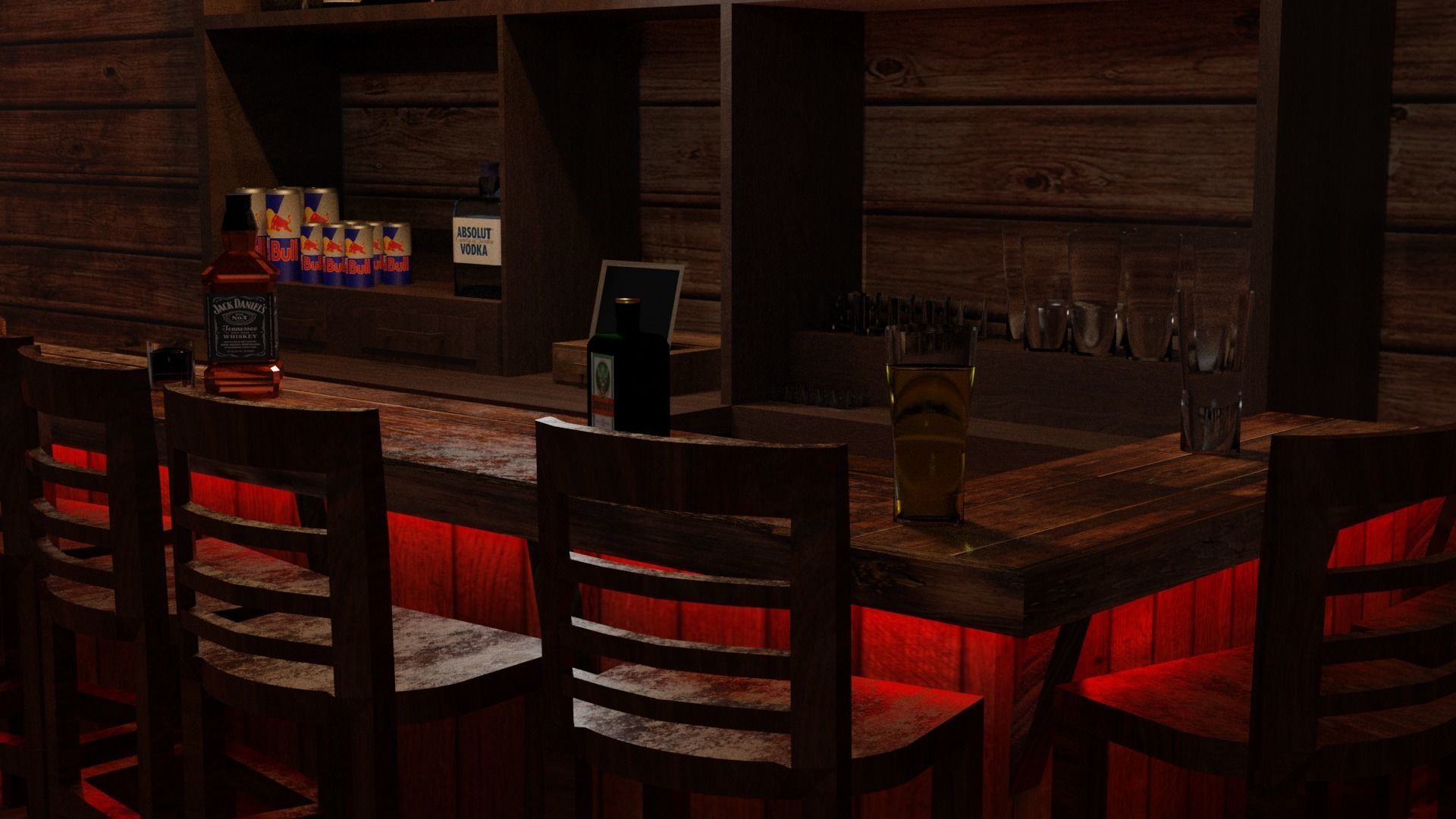 Bar counter with various drinks and red lighting Low-poly Low-poly 3D model_2