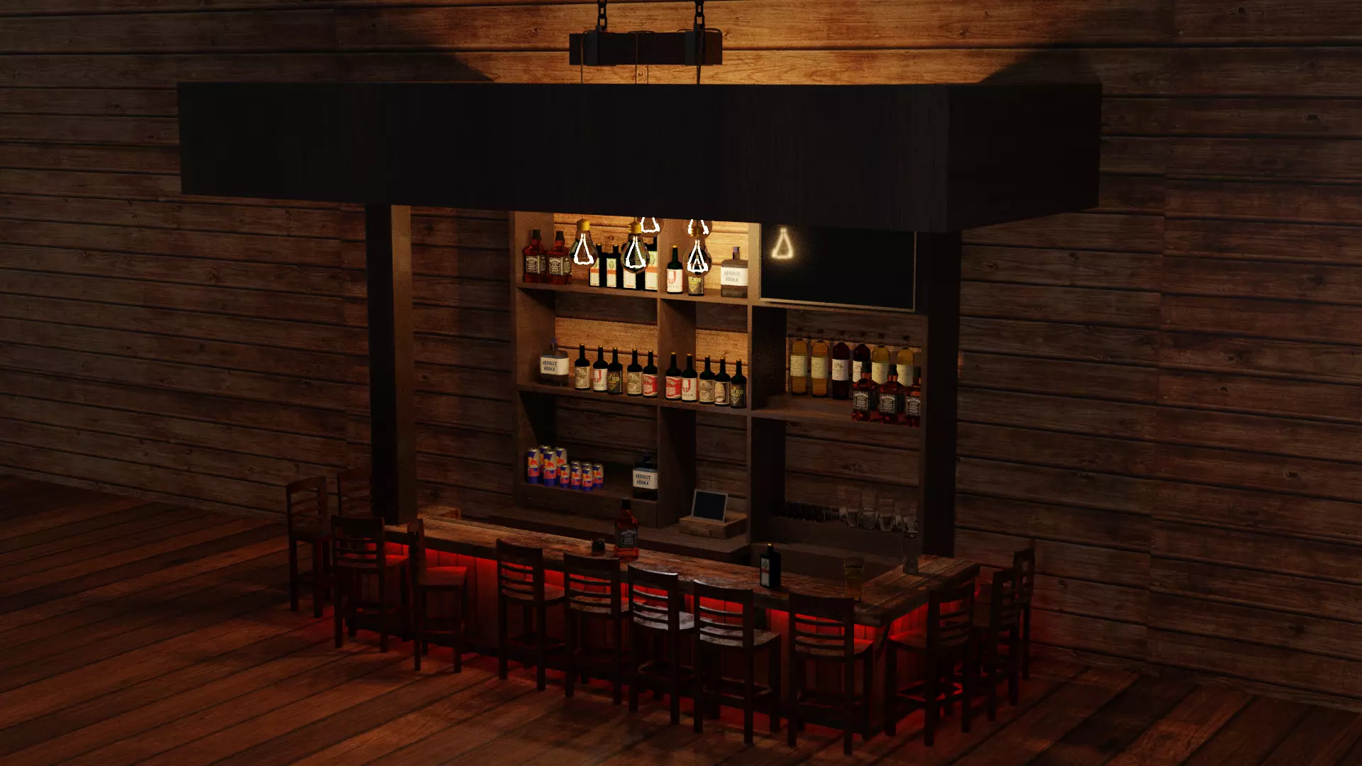 Bar counter with various drinks and red lighting Low-poly Low-poly 3D model_0