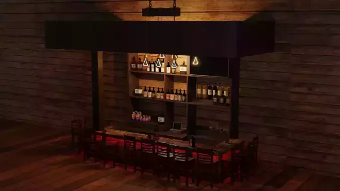 Bar counter with various drinks and red lighting Low-poly