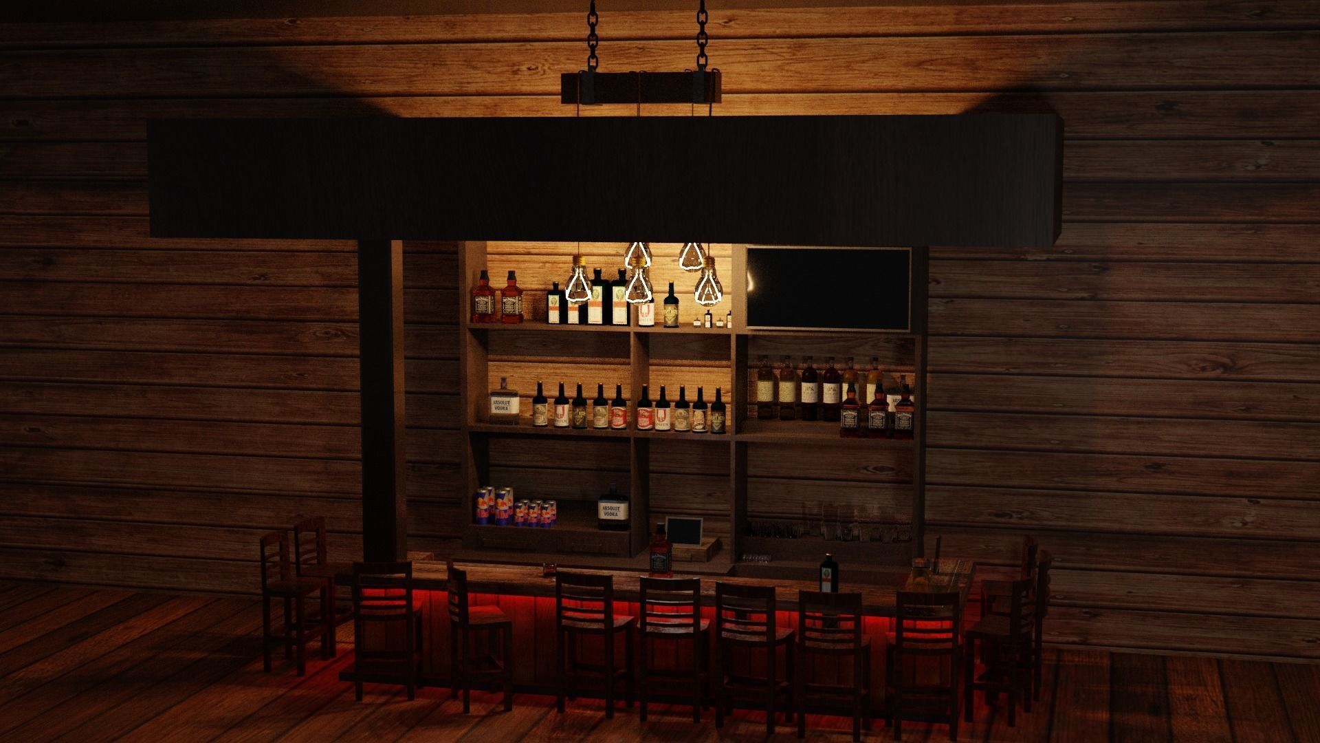 Bar counter with various drinks and red lighting Low-poly Low-poly 3D model_10