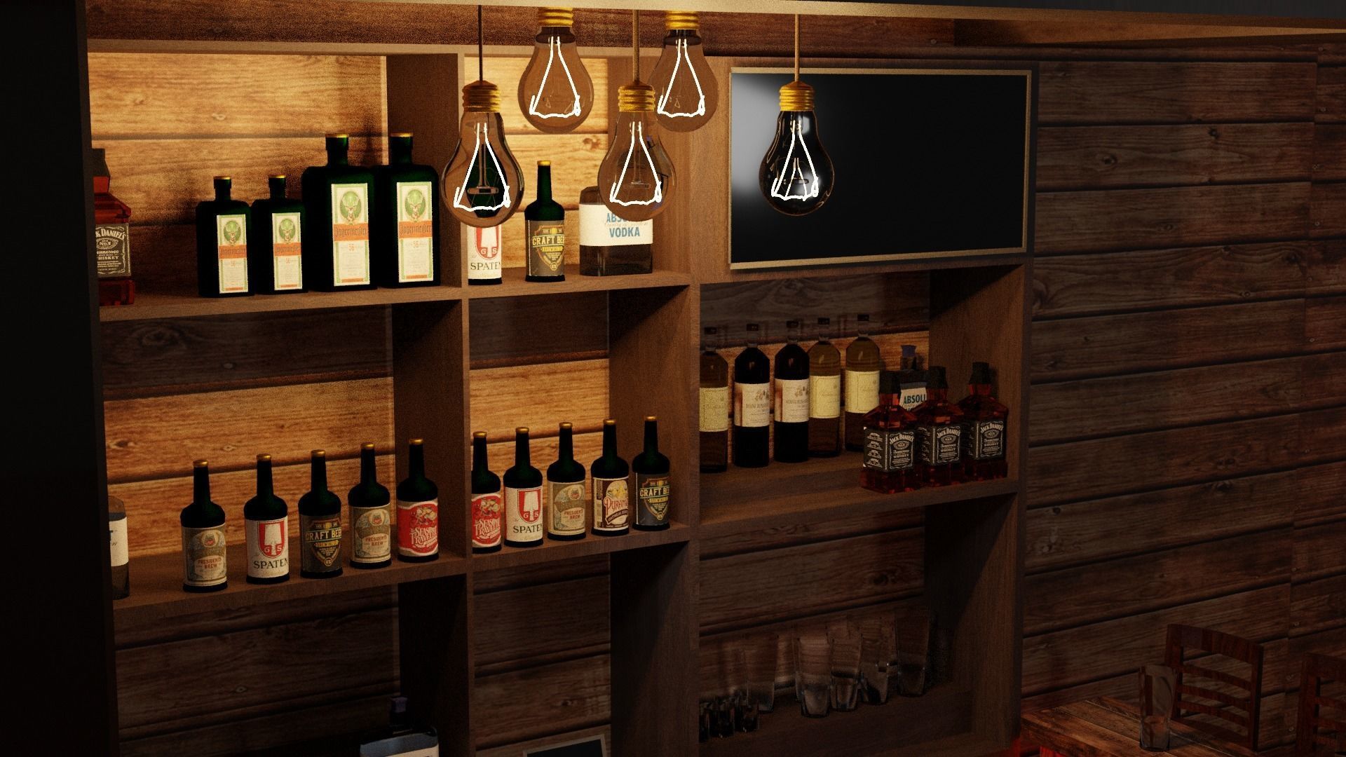 Bar counter with various drinks and red lighting Low-poly Low-poly 3D model_7