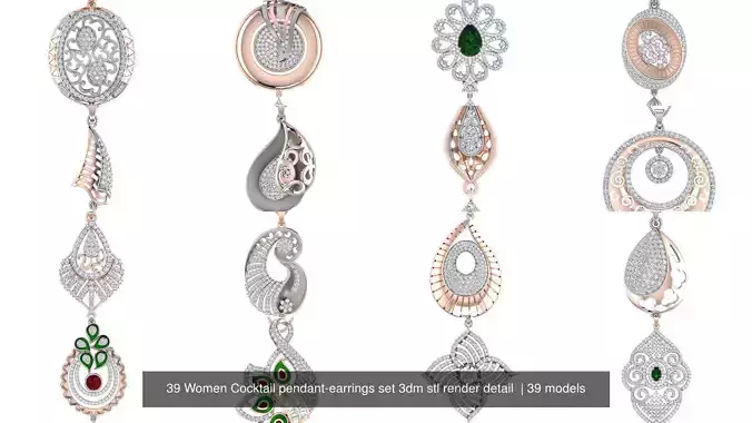 39 Women Cocktail pendant-earrings set 3dm stl render detail  3D Model Collection