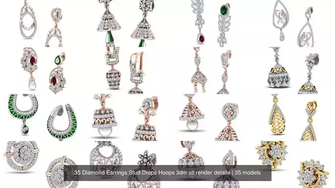 35 Diamond Earrings Stud Drops Hoops 3dm stl render details