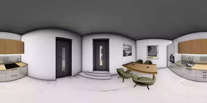 House kitchen and dining room in degree view