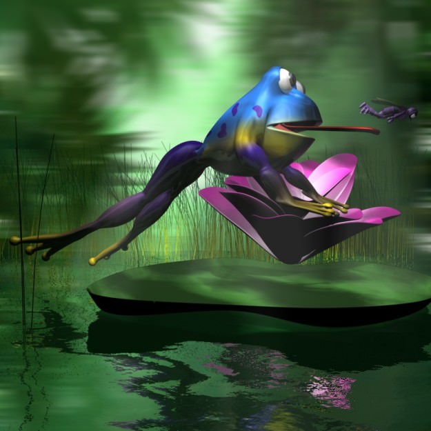 Frogs and Mosquito in a complete cartoon scene Low-poly 3D model_2