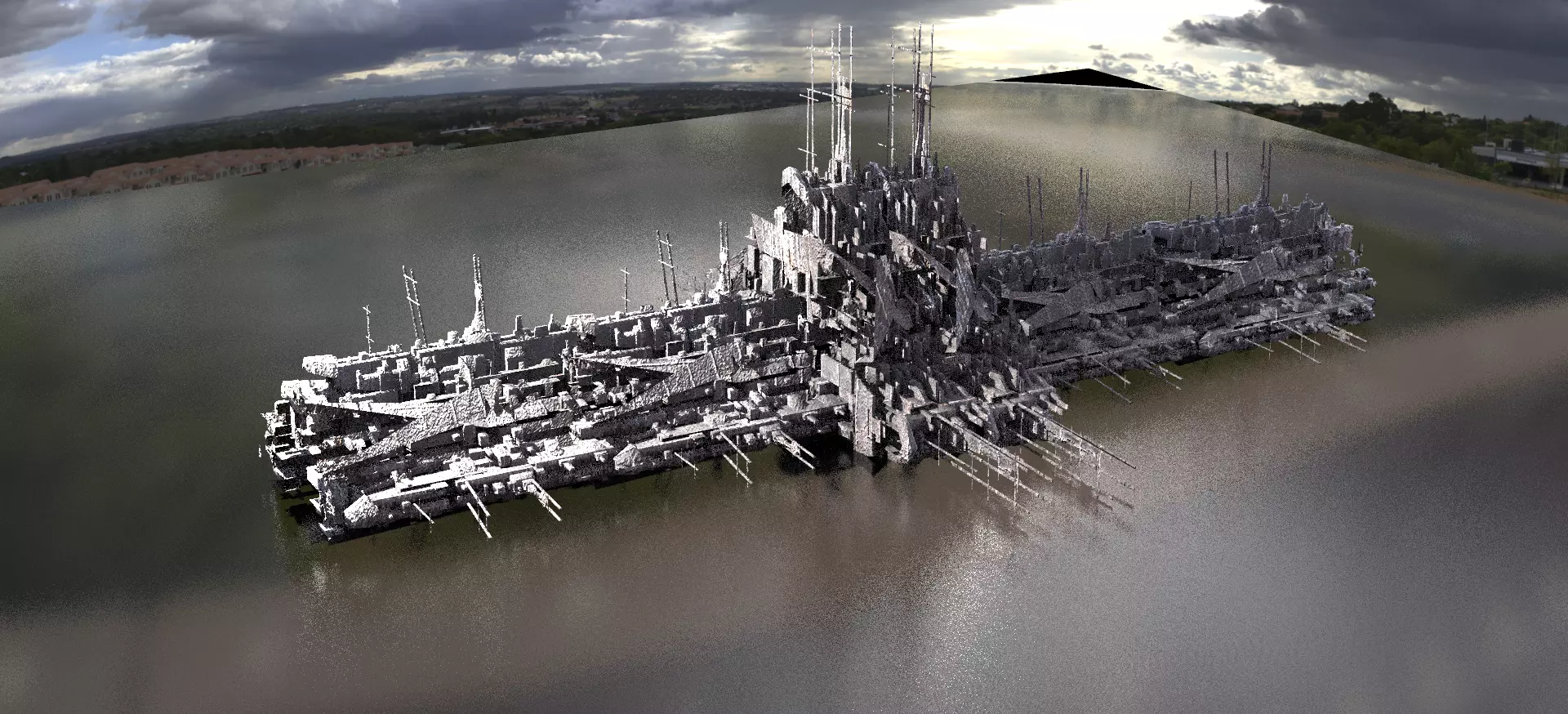 Mega Sci-Fi city Complex Station submerged  Low-poly 3D model_0