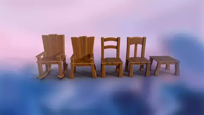 Set of stylized furniture chair armchair bench PBR game ready Low-poly 3D model