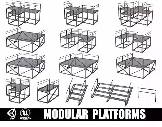 Set of 13 Modular Military Platforms Low-poly 3D model