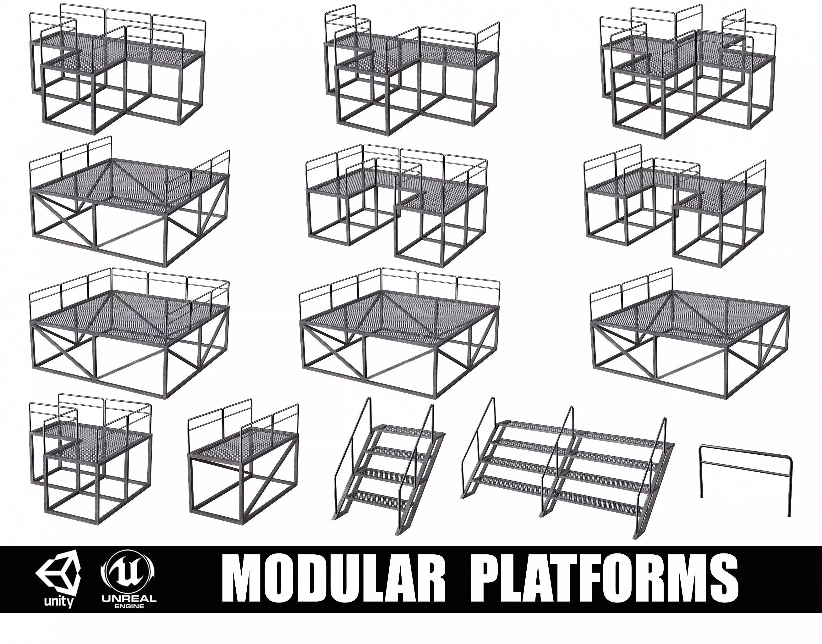 Set of 13 Modular Military Platforms Low-poly 3D model_0
